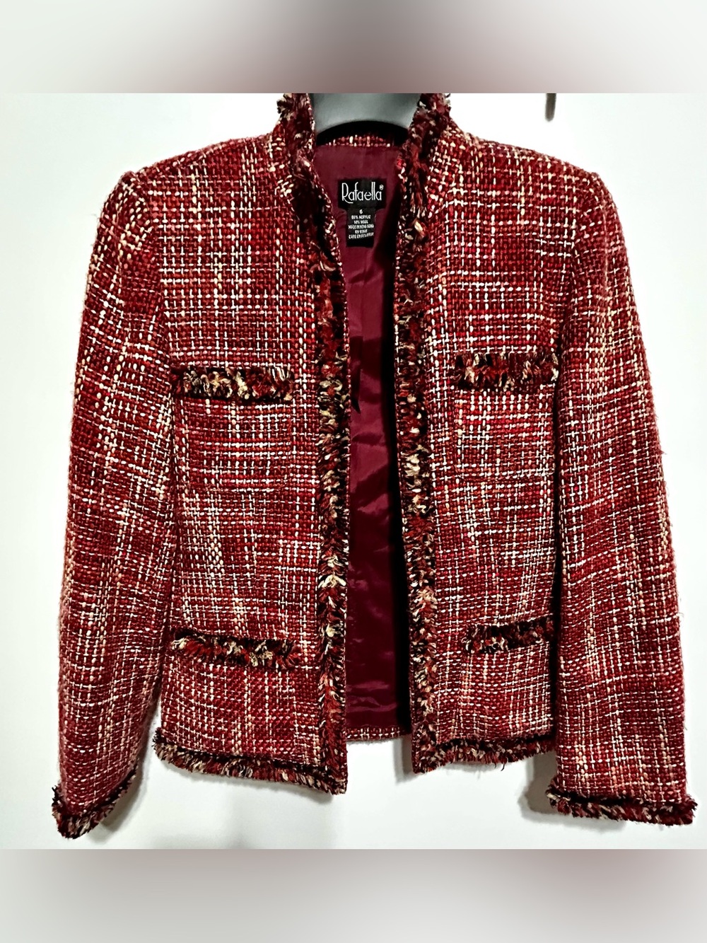 Vintage Rafaella Red Tweed Fringe Jacket